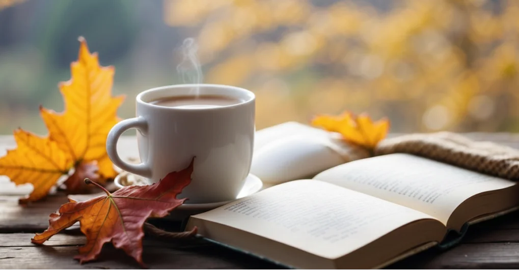 Image featuring open book and hot coffee with autumn leaves, creating a cozy reading atmosphere.