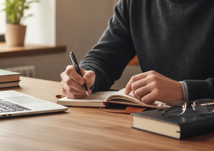 Fiction writer drafting a story in a notebook beside a laptop and books on a desk.