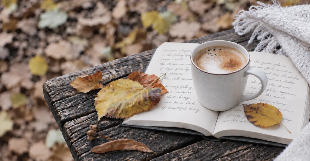 Image featuring an open book with autumn leaves and a cup of coffee on a rustic wooden bench outdoors.