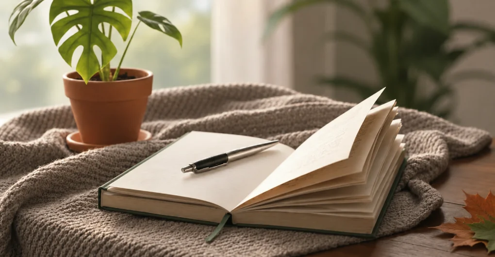 Image featuring an open notebook and pen in a cozy reading nook, inspiring creative writing and storytelling.