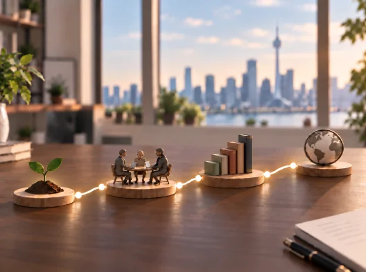 Illustration of growth and collaboration, featuring a sprouting plant, team meeting, rising books, and globe on a wooden desk with a city skyline.