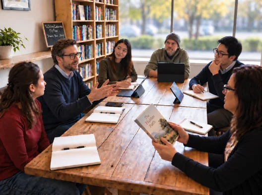 Writers and readers collaborating at a community storytelling workshop.